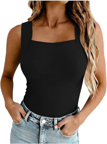 Women's Built in Bra Tank Tops Summer Square Neck Seamless Slim Fit Sleeveless Tops Casual Stretch Layering Blouses in Saudi Arabia