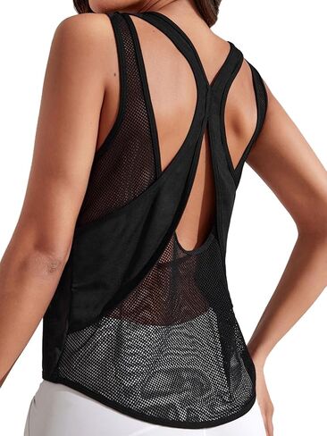 OYOANGLE Women's Sleeveless Gym Tops Racerback Mesh Sheer Athletic Tank Top Workout Shirts in Saudi Arabia