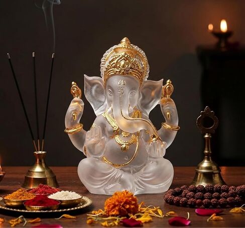 Transparent Ganesh Idol Statue for Table Top, Desktop & Home Decor | 14 cm Glass-Look Multicolor Ganpati Murti for Pooja, Home Mandir, Diwali Gift, Meditation & Calm Yoga Decor (White) in Saudi Arabia
