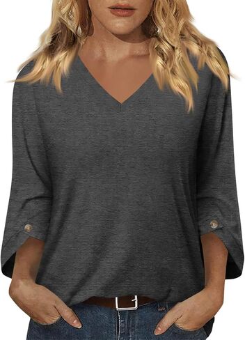 3/4 Sleeve Length Womens Tops Summer Button V Neck T Shirts Loose Fit Dressy Three Quarter Sleeve Tops Woman Blouse in Saudi Arabia