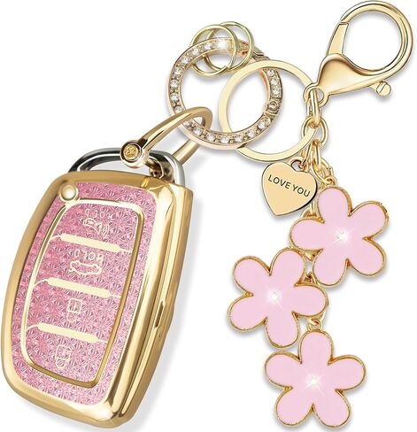 Pink TPU Key Fob Cover with Sakura Flower Keychain Compatible with Hyundai Tucson Santa Fe Santa Fe Sport Sonata Sonata Sport Elantra GT Elantra Ioniq 4-Button Smart Key for Women in Saudi Arabia