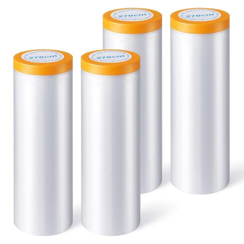 4 Rolls Painters Plastic with Tape 8.9Ft x 89Ft Pre-Taped Masking Film Paint Adhesive Protective Film Roll for Automotive Painting Covering Walls Windows Auto Body in Saudi Arabia