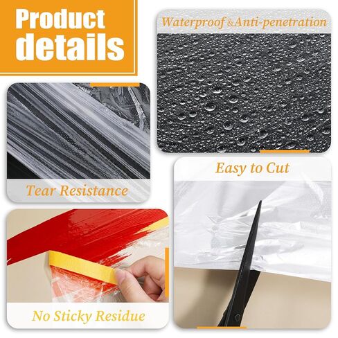 4 Rolls Painters Plastic with Tape 8.9Ft x 89Ft Pre-Taped Masking Film Paint Adhesive Protective Film Roll for Automotive Painting Covering Walls Windows Auto Body in Saudi Arabia