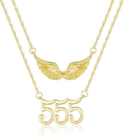 14K Gold Angel Number Layered Necklace for Women, Double Chain Stack Angel Wings Pendant Necklace, Lucky Numerology Jewelry Gifts For Birthday Christmas Mother's Day in Saudi Arabia
