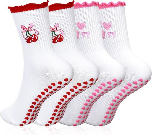 2 Pairs Pilates Socks with Grips for Women, Cotton Non-Slip Yoga Socks Cute Ruffle Grip Sock for Barre Fitness 5-10in in Saudi Arabia