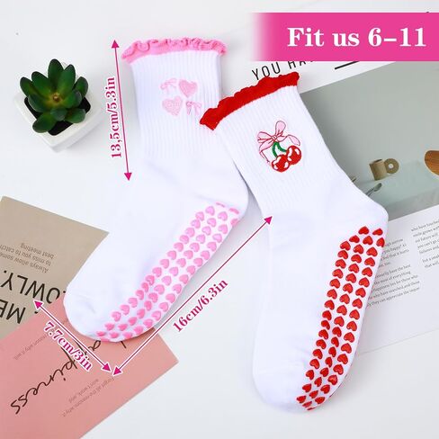 2 Pairs Pilates Socks with Grips for Women, Cotton Non-Slip Yoga Socks Cute Ruffle Grip Sock for Barre Fitness 5-10in in Saudi Arabia