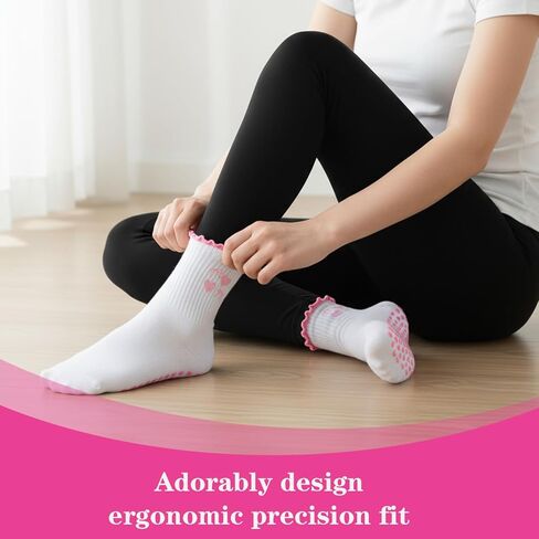 2 Pairs Pilates Socks with Grips for Women, Cotton Non-Slip Yoga Socks Cute Ruffle Grip Sock for Barre Fitness 5-10in in Saudi Arabia