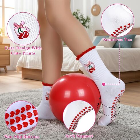 2 Pairs Pilates Socks with Grips for Women, Cotton Non-Slip Yoga Socks Cute Ruffle Grip Sock for Barre Fitness 5-10in in Saudi Arabia