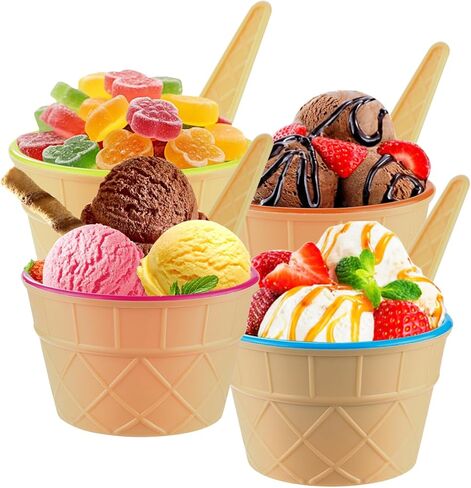 Tellshun 4 Pack Ice Cream Bowls and Spoons Set, Frozen Yogurt Cups with Spoons Durable Plastic Candy Color Lovely Dessert Bowls DIY Ice Cream Tools For Festive Party Favor Kids Gift in Saudi Arabia