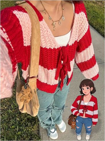 GORGLITTER Women's Chunky Knit Cardigan Bow Tie Front Color Block Long Sleeve Trendy Cardigans Sweaters in Saudi Arabia