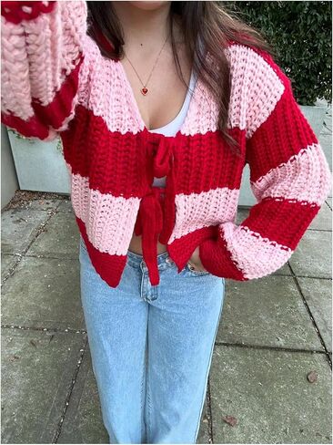 GORGLITTER Women's Chunky Knit Cardigan Bow Tie Front Color Block Long Sleeve Trendy Cardigans Sweaters in Saudi Arabia