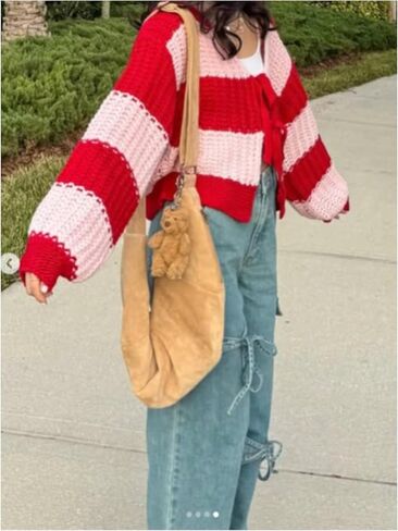 GORGLITTER Women's Chunky Knit Cardigan Bow Tie Front Color Block Long Sleeve Trendy Cardigans Sweaters in Saudi Arabia