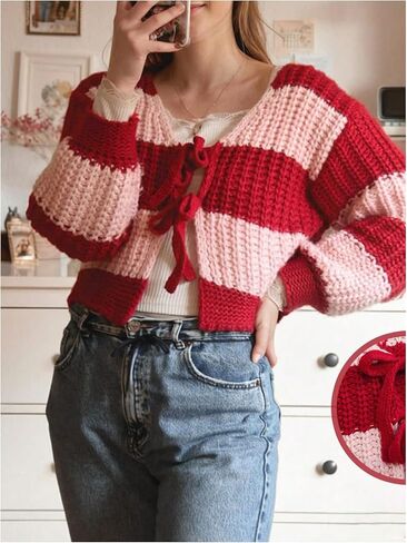 GORGLITTER Women's Chunky Knit Cardigan Bow Tie Front Color Block Long Sleeve Trendy Cardigans Sweaters in Saudi Arabia
