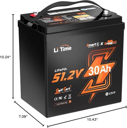 LiTime 51.2V(48V) 30Ah Lithium Golf Cart Battery GC2 Size with 80A Smart BMS, Bluetooth & Low-Temp Protection, Support up to 3kW Motor, Max 4.096kW Continuous Power Output, Perfect for Golf Carts in Saudi Arabia