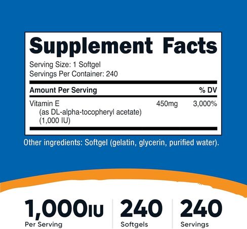 Nutricost فيتامين E 1000 وحدة دولية (450 مجم) 240 كبسولة هلامية - خالية من الكائنات المعدلة وراثيًا وخالية من الغلوتين in Saudi Arabia