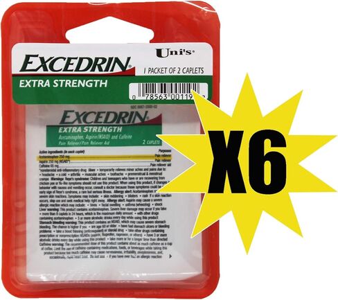 Uni's Excedrin Extra Strength 6 Count Single Dose Relief 2 caplets in Each Packet. Helps Relieves Headache, Toothache, Backache, Menstrual Cramps, Common Cold, and Muscular Aches. in Saudi Arabia