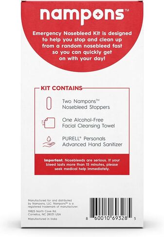 Emergency Nosebleed Kit with Advanced Clotting Technology by Nampons. Kit Includes 2 Nampon Nosebleed Stoppers, Purell Hand Sanitizer, and XL Facial Cleansing Wipe for Kids and Adults. in Saudi Arabia