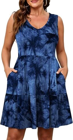 BELAROI Womens Plus Size Dress Summer Sundress Sleeveless V Neck Tiered A-Line Tank Dresses Pockets Beach Coverup in Kuwait