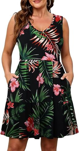 BELAROI Womens Plus Size Dress Summer Sundress Sleeveless V Neck Tiered A-Line Tank Dresses Pockets Beach Coverup in Kuwait