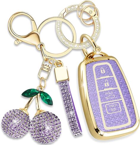 Sparkly Key Fob Cover with Cherry Keychain, Bling TPU Smart Key Case for Women, Compatible with Toyota Highlander RAV4 Camry Avalon Corolla C-HR Prius Prado 86/GT86 (5-Button, Gold Pink) in Saudi Arabia