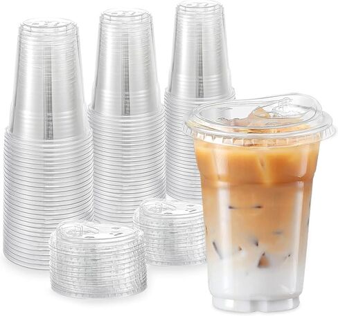TashiBox 24oz100 مجموعات أكواب بلاستيكية شفافة مع رشفة من خلال الأغطية، أكواب بلاستيكية شفافة يمكن التخلص منها، أكواب عصير in Kuwait