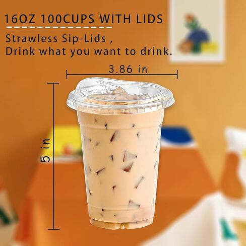TashiBox 24oz100 مجموعات أكواب بلاستيكية شفافة مع رشفة من خلال الأغطية، أكواب بلاستيكية شفافة يمكن التخلص منها، أكواب عصير in Kuwait