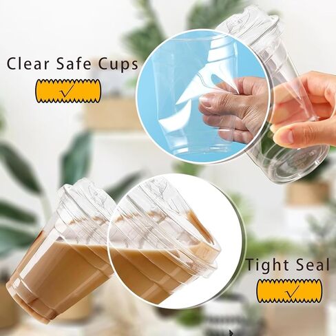 TashiBox 24oz100 مجموعات أكواب بلاستيكية شفافة مع رشفة من خلال الأغطية، أكواب بلاستيكية شفافة يمكن التخلص منها، أكواب عصير in Kuwait
