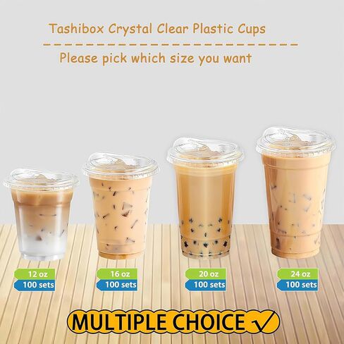 TashiBox 24oz100 مجموعات أكواب بلاستيكية شفافة مع رشفة من خلال الأغطية، أكواب بلاستيكية شفافة يمكن التخلص منها، أكواب عصير in Kuwait