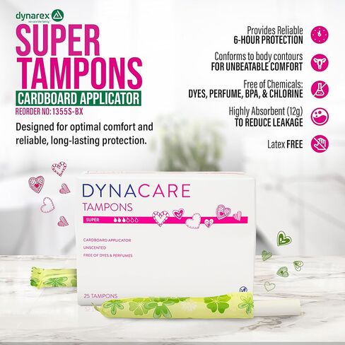 Dynarex Super Tampons – Feminine Hygiene Product with Cardboard Applicator – 7-Hour Protection – 1 Box of 25 Tampons in Saudi Arabia