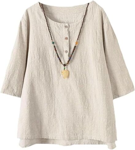 Minibee Women's 3/4 Sleeve Cotton Linen Jacquard Blouses Top T-Shirt in Saudi Arabia