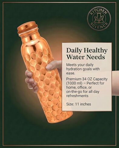 Kitchen Science Authentic Ayurvedic Copper Bottle (34oz/1000ml) Leather Sling for Drinking Water | Lab-Tested, Leak-Proof & Heavy-Duty (Black) in Saudi Arabia
