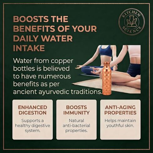Kitchen Science Authentic Ayurvedic Copper Bottle (34oz/1000ml) Leather Sling for Drinking Water | Lab-Tested, Leak-Proof & Heavy-Duty (Black) in Saudi Arabia