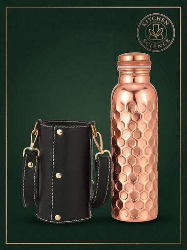 Kitchen Science Authentic Ayurvedic Copper Bottle (34oz/1000ml) Leather Sling for Drinking Water | Lab-Tested, Leak-Proof & Heavy-Duty (Black) in Saudi Arabia
