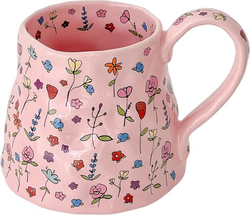 Large Ceramic Coffee Mug Cute Flower with Handmade Big Handle, 20oz Girly Pink Floral Tea Cup for Women Mothers Day, Novelty Irregular Oversized Christmas Mugs for Latte Tea Milk Cocoa in Saudi Arabia