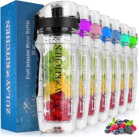 زجاجة مياه من Hydration Nation بسعة 34oz - زجاجة مياه خالية من مادة BPA مع قبضة مزدوجة غير قابلة للانزلاق وغطاء علوي قابل للطي - زجاجة مياه محددة الوقت مع قضيب نقع الفاكهة للمنزل والخارج (أسود) in Kuwait