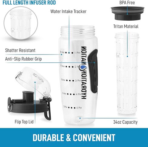 Hydration Nation 34oz Fruit Infuser Water Bottle - BPA Free Water Infuser Bottle with Dual Non-slip Grip & Flip Top Cap - Time Marked Water Bottle With Fruit Infuser Rod For Home & Outdoors (Black) in Saudi Arabia