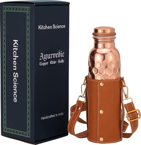 Kitchen Science Authentic Ayurvedic Copper Bottle (34oz/1000ml) Leather Sling for Drinking Water | Lab-Tested, Leak-Proof & Heavy-Duty (Black) in Saudi Arabia