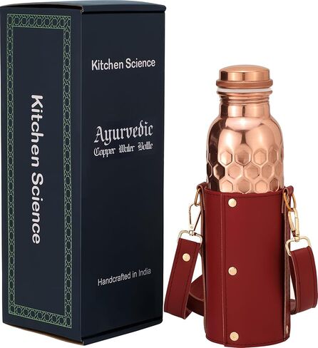 Kitchen Science Authentic Ayurvedic Copper Bottle (34oz/1000ml) Leather Sling for Drinking Water | Lab-Tested, Leak-Proof & Heavy-Duty (Black) in Saudi Arabia