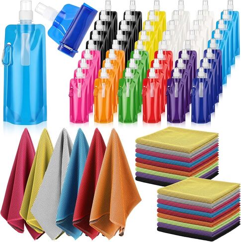 Teenyyou 48 Collapsible Water Bottles Bulk 16 oz with Carabiner Clip Cooling Towels 40'' x 12'' Reusable Leak Proof Water Bottles Mixed Color Ice Towel for Sports Biking Hiking Outdoor (6 Colors) in Saudi Arabia