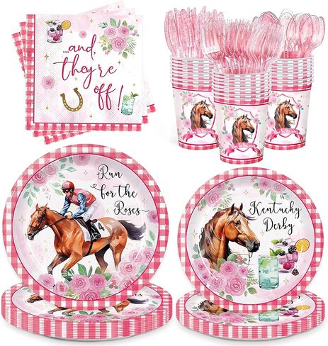 168pcs Derby Party Supplies Include Plates Napkins Cups Disposable Tableware Set for 24 Guests Pink Horse Race Run for the Roses Themed Derby Decorations in Saudi Arabia