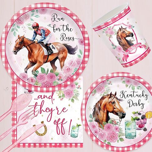 168pcs Derby Party Supplies Include Plates Napkins Cups Disposable Tableware Set for 24 Guests Pink Horse Race Run for the Roses Themed Derby Decorations in Saudi Arabia