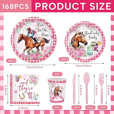 168pcs Derby Party Supplies Include Plates Napkins Cups Disposable Tableware Set for 24 Guests Pink Horse Race Run for the Roses Themed Derby Decorations in Saudi Arabia
