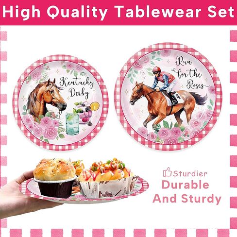 168pcs Derby Party Supplies Include Plates Napkins Cups Disposable Tableware Set for 24 Guests Pink Horse Race Run for the Roses Themed Derby Decorations in Saudi Arabia