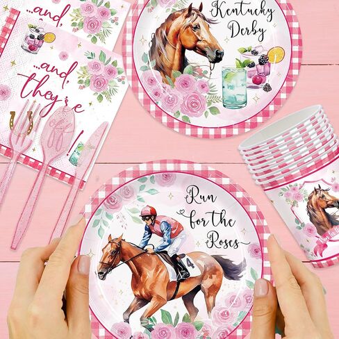 168pcs Derby Party Supplies Include Plates Napkins Cups Disposable Tableware Set for 24 Guests Pink Horse Race Run for the Roses Themed Derby Decorations in Saudi Arabia
