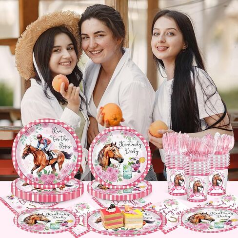 168pcs Derby Party Supplies Include Plates Napkins Cups Disposable Tableware Set for 24 Guests Pink Horse Race Run for the Roses Themed Derby Decorations in Saudi Arabia