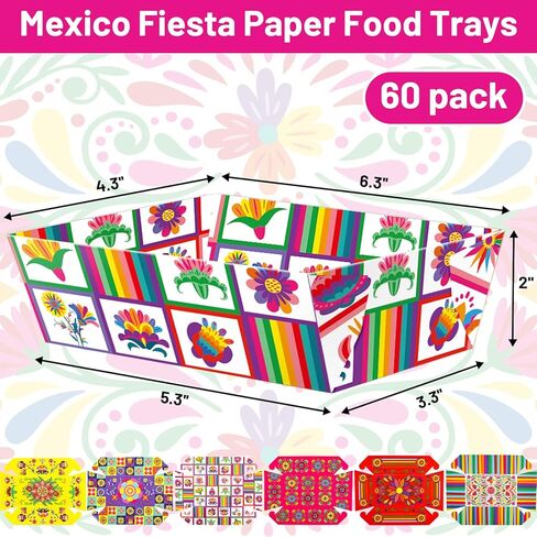 صواني تقديم الطعام الورقية من WorldBazaar Mexican Fiesta 60 قطعة للاستعمال مرة واحدة من سينكو دي مايو للطعام والوجبات الخفيفة وأطباق تاكو ناتشو وأطباق وديكورات لوازم حفلات أعياد الميلاد in Saudi Arabia