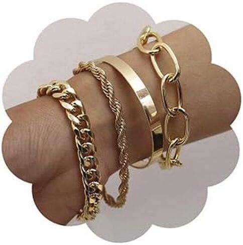 fxmimior Dainty Boho Gold Silver Chain Bracelets Set for Women Adjustable Fashion Beaded Chunky Flat Cable Chain Punk Bracelets Jewelry for Women Girls Gift Set of 4 (Gold) in Saudi Arabia