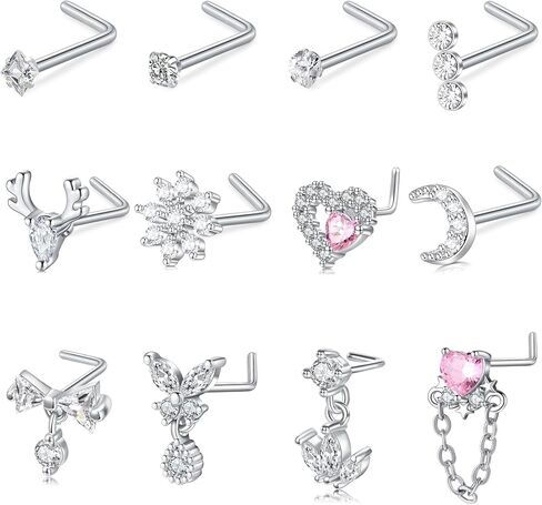 Zolure Nose Rings L Shape Nose Studs for Women Stainless Steel Body Piercing Jewelry Butterfly Flower Heart Moon Dangle Cute Pink Clear CZ in Saudi Arabia