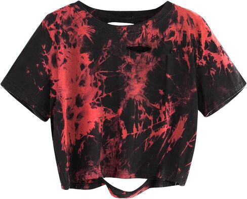 Avanova Tie Dye Shirt Women Ripped Short Sleeve Crop Tops Distressed Cropped T Shirts for Concert Halloween Goth Rock in Saudi Arabia