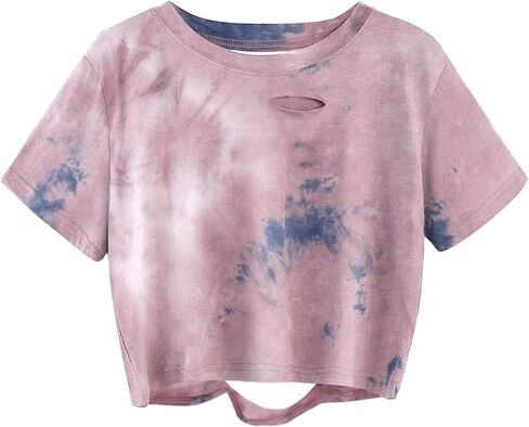 Avanova Tie Dye Shirt Women Ripped Short Sleeve Crop Tops Distressed Cropped T Shirts for Concert Halloween Goth Rock in Saudi Arabia